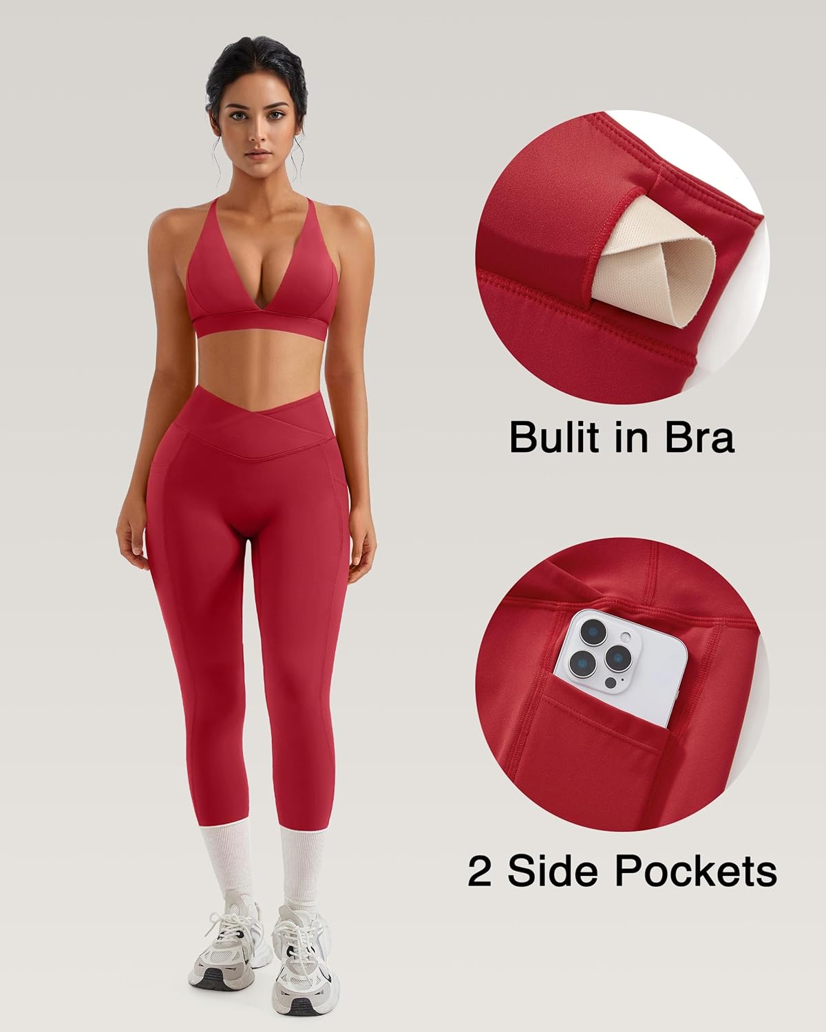 2 Piece Workout Sets for Women Strappy Sports Bra Booty Leggings with Pockets Yoga Gym Outfits